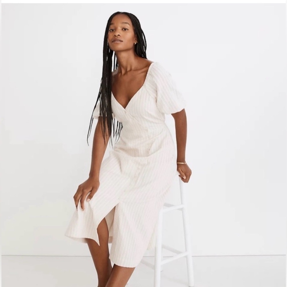 Madewell Womens Cream Midi Dress Puff-Sleeves Button-Wrap Size 10 - Picture 2 of 10